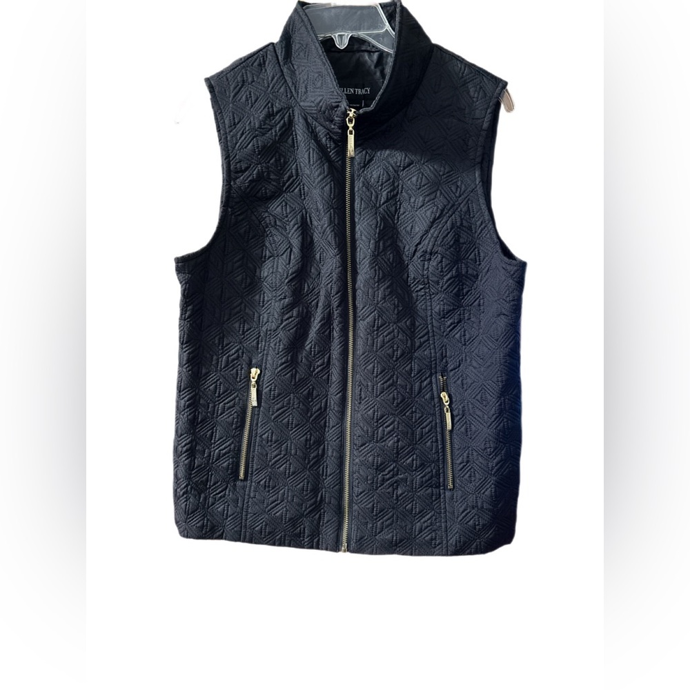 Ellen Tracy Black Quilted Vest with Gold Accents Medium EUC
